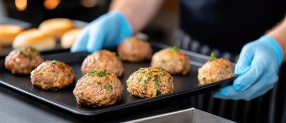 Fresh meat cutlets prepared by workers with blue gloves on a production line at a food factory during quality control for customer sale