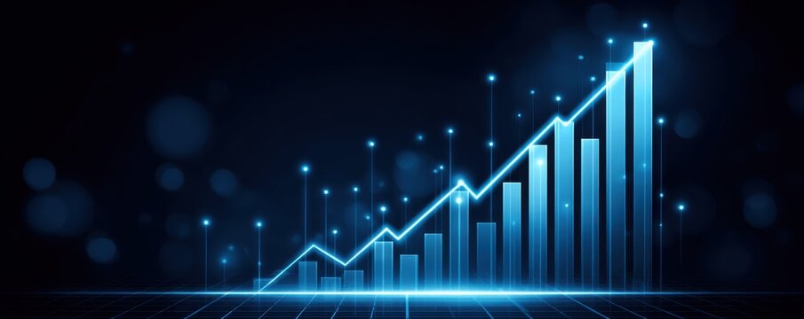 Concept of increasing the ability to scale business growth. A glowing blue graph depicting upward trends against a dark background, symbolizing growth and progress in data or finance.