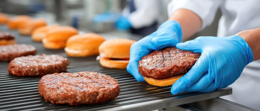 Workers prepare raw meat cutlets on a food production line while focusing on quality control and safety during processing in a factory setting