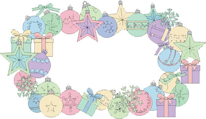 Pastel Christmas ornaments and gift boxes forming an oval frame on a white background.