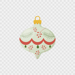 Christmas tree ornament isolated on transparent background.Vintage bauble for Christmas and New Year decoration.Green and red colours.Christmas tree decorations.Decorative element Vector illustration.