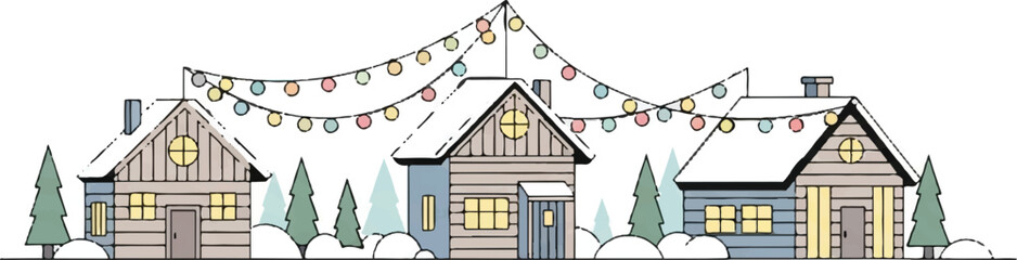 Charming winter village scene with snow-covered houses and festive Christmas lights.