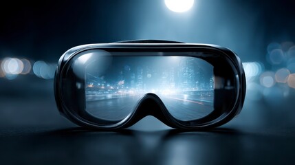 VR Headset: A close-up shot of a sleek VR headset reflecting a vibrant, futuristic cityscape, inviting exploration of virtual realities and immersive experiences.