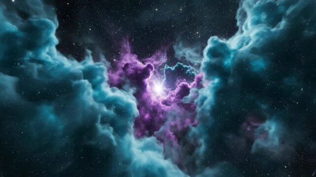 Deep cinematic fly through shifting ethereal purple and teal fog banks suggesting infinite space and illusory depth smoke, meditation, abstract