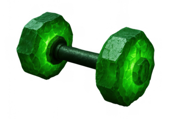 Fantasy emerald crystal dumbbell for game creation, magical glowing strength training item, transparent background
