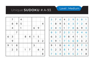 Sudoku puzzle with answer. Vector puzzle game with numbers for kids and adults. 9x9 sudoku Illustration on white background.