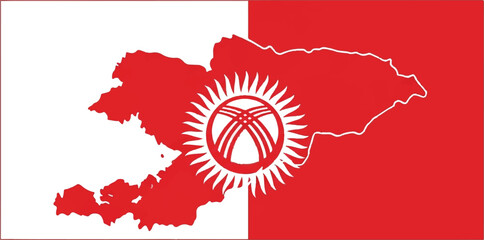 Flag of Kyrgyzstan with its map overlaid, featuring the red field and yellow sun with tunduk symbol.