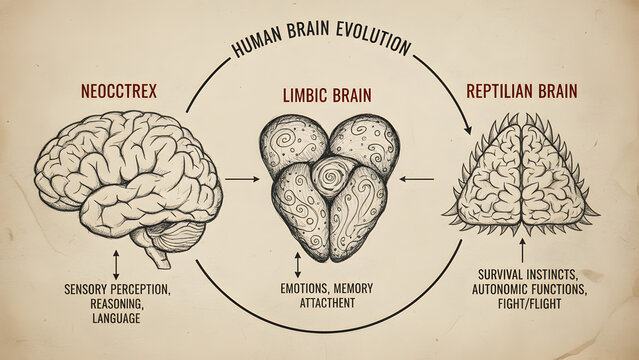 Triune Brain Diagram Showing Neocortex, Limbic Brain, and Reptilian Brain with Sensory Perception, Emotions, and Survival Instincts &mdash; Hand-Drawn Schematic Vector Medical Science Educational Illustrati