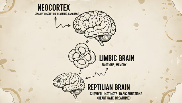 Three-Brain Model Diagram Showing Neocortex, Limbic Brain, and Reptilian Brain with Sensory Perception, Emotions, and Survival Instincts &mdash; Hand-Drawn Schematic Raster Medical Science Educational Illus