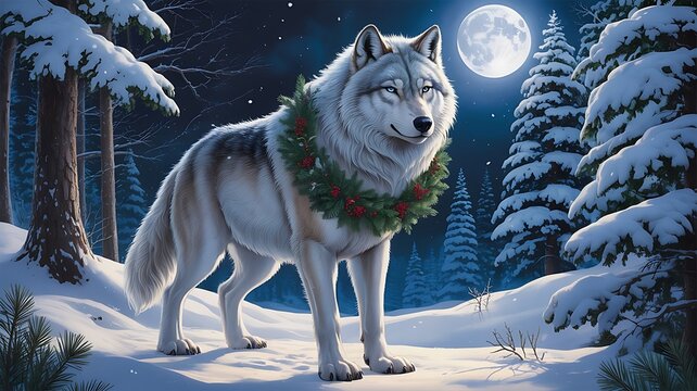 Majestic wolf standing in snowy forest under moonlight, cinematic fantasy realism, dramatic lighting, ultra-detail.