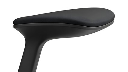 Close-up of a modern office chair armrest, black, ergonomic design, isolated