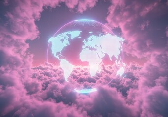Stunning digital globe projection emerges from vibrant pink clouds at sunset symbolizing global connectivity and future technology