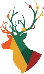 A stylized deer head with segmented colorful body and green antlers adorned with geometric shapes and arrows, on a white background.