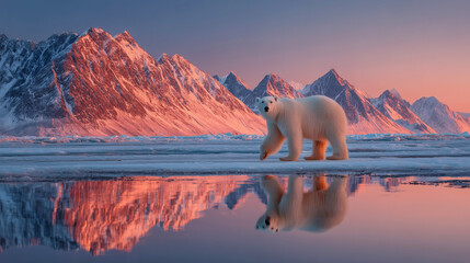 Glaciers and polar bears at sunset