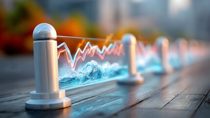 Value at Risk concept with fluctuating data and abstract water, rendered with cinematic lighting on a wooden surface, illustrating market volatility and risk.