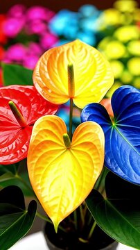 Stunning Close-Up of Vibrant Anthurium Flowers in Tropical Bloom Showcasing a Rich Spectrum of Red Yellow Blue and Orange Hues for Botanical Beauty