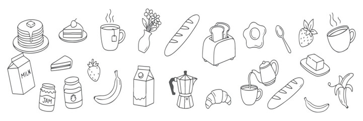 Hand Drawn Breakfast Food Doodle Vector Set, Outline Sketch Collection.