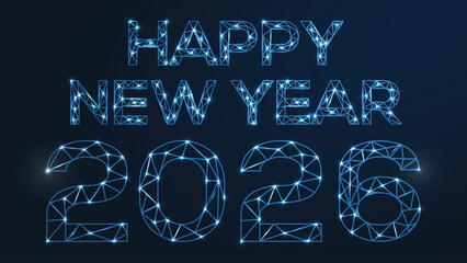 Happy new year 2026. Vector low-poly image consisting of points and shapes in the form of stars and space.