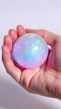 Ultra-realistic macro view of a glowing translucent stress ball in a relaxed palm, glitter swirling inside under soft studio light, shining with dreamy neon reflections in perfect 8K clarity.