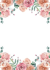Flower watercolor frame for wedding, birthday, card, background, invitation, wallpaper, sticker, decoration etc.
