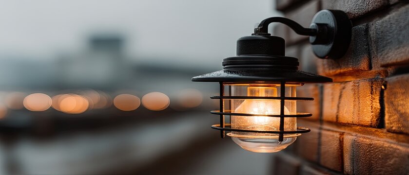 Close-up view of an exterior wall light on a brick house during evening hours with good space for text and soft lighting effects captured in high detail