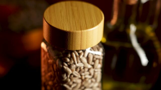 Sunflower seeds in glass jar with wooden lid on table at home in evening light