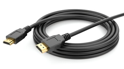 Black cable with gold-tipped connectors, coiled on a white background, ready for data transfer