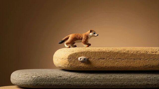 Small animal climbing on layered objects against solid background