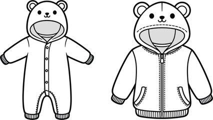 Bear-themed children clothing illustration, hooded onesie, jacket design, fashion sketch, baby apparel, cute outfit, vector graphic, garment, art