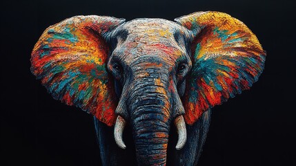 Obraz premium Vibrant Abstract Elephant Portrait With Multicolor Textured Ears Impasto Brushstroke Style Painting