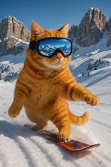 Cute cat snowboarding in fresh dolomites mountains snow