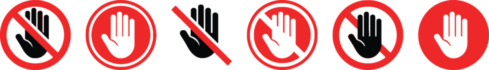 do not touch, hand, icon, symbol, prohibition, warning, stop, forbidden, restricted, safety, alert, red, black, white, circle, diagonal line, graphic, design, vector, illustration, set, collection
