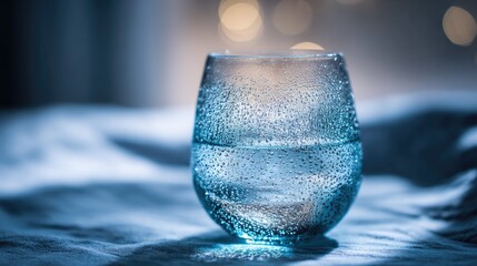 thrust. A crystal-clear glass of water with condensation, highlighted by cool blue tones and soft backlighting. bar promotions, beverage menus, designed for food & beverage menus and cafe branding.