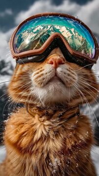 Cute cat snowboarding in fresh dolomites mountains snow the montains reflects on cat skiing mask visor