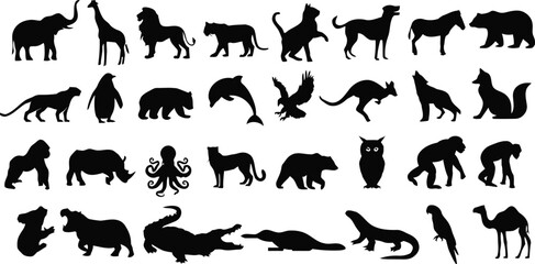 animal, silhouette, elephant, giraffe, lion, tiger, cheetah, dog, bear, wolf, fox, leopard, penguin, dolphin, eagle, kangaroo, gorilla, rhinoceros, octopus, owl, koala, hippopotamus, crocodile, alliga