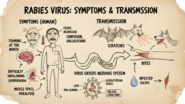 Hand-drawn raster schematic illustrating rabies symptoms and viral transmission through bites, scratches, and saliva from infected animals, designed for medical education and public health learning