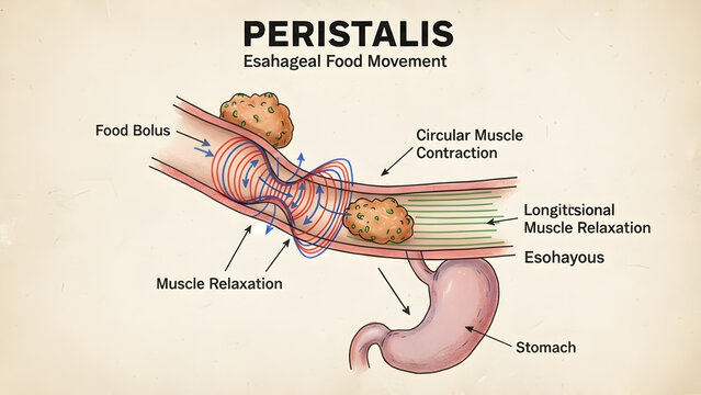 Hand-drawn raster schematic illustrating the process of peristalsis in the esophagus, showing sequential muscle contractions and movement of food toward the stomach, ideal for medical education