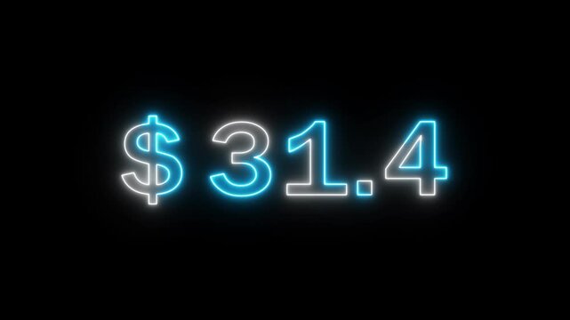 Neon 94 dollar counting animation. Increasing counter dollar number. Business count dollar number. Counting money and digits.