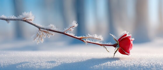 Red rose bud covered in ice crystals on a cold morning in a garden during winter with dawn light illuminating the scene