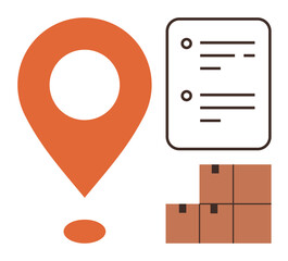 Orange location pin, document checklist, and stacked boxes conveying warehouse management, supply chain, e-commerce, shipping, online purchases, inventory tracking, and delivery logistics in a simple