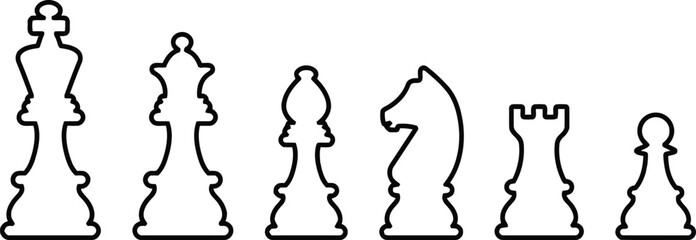 chess, king, queen, bishop, knight, rook, pawn, game, strategy, board game, competition, sport, black and white, outline, silhouette, icon, symbol, isolated, white background, piece, play, move, intel