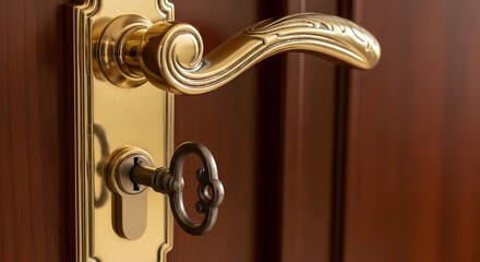 Obraz premium Close-up of a vintage brass door handle with a key inserted into the lock, emphasizing security and elegance