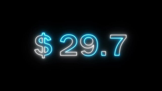 Neon 89 dollar counting animation. Increasing counter dollar number. Business count dollar number. Counting money and digits.