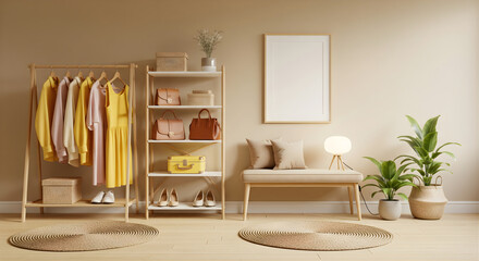 Bright room interior with clothes rack shelf bench and picture frame against beige wall background