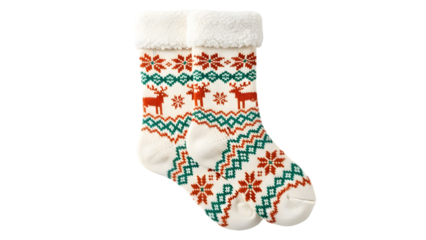 Cozy White Christmas Stocking with Nordic Pattern of Reindeer and Snowflakes holiday festive