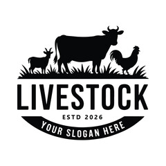 Obraz premium Livestock Logo with Goat, Cow, Rooster Silhouettes
