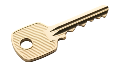 Golden Brass Key with Serrated Edge and Circular Bow on Black Background Keywords: key, brass, gold, golden, metal, metallic, lock