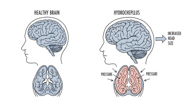 Healthy brain versus hydrocephalus brain showing enlarged ventricles, increased pressure, and head size hand-drawn vector schematic illustration ideal for medical, neuroscience, and educational concep