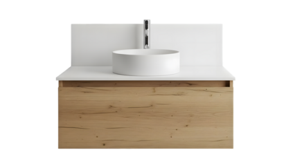 Modern Bathroom Vanity with White Vessel Sink and Wood Cabinet graphic design