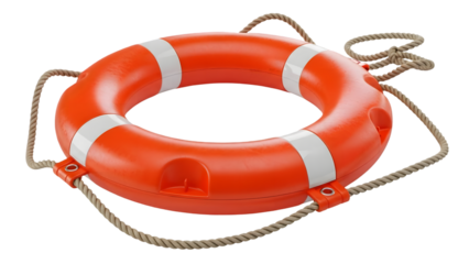 Orange Lifebuoy Ring with Rope and White Stripes on Transparent Background life ring safety ring
